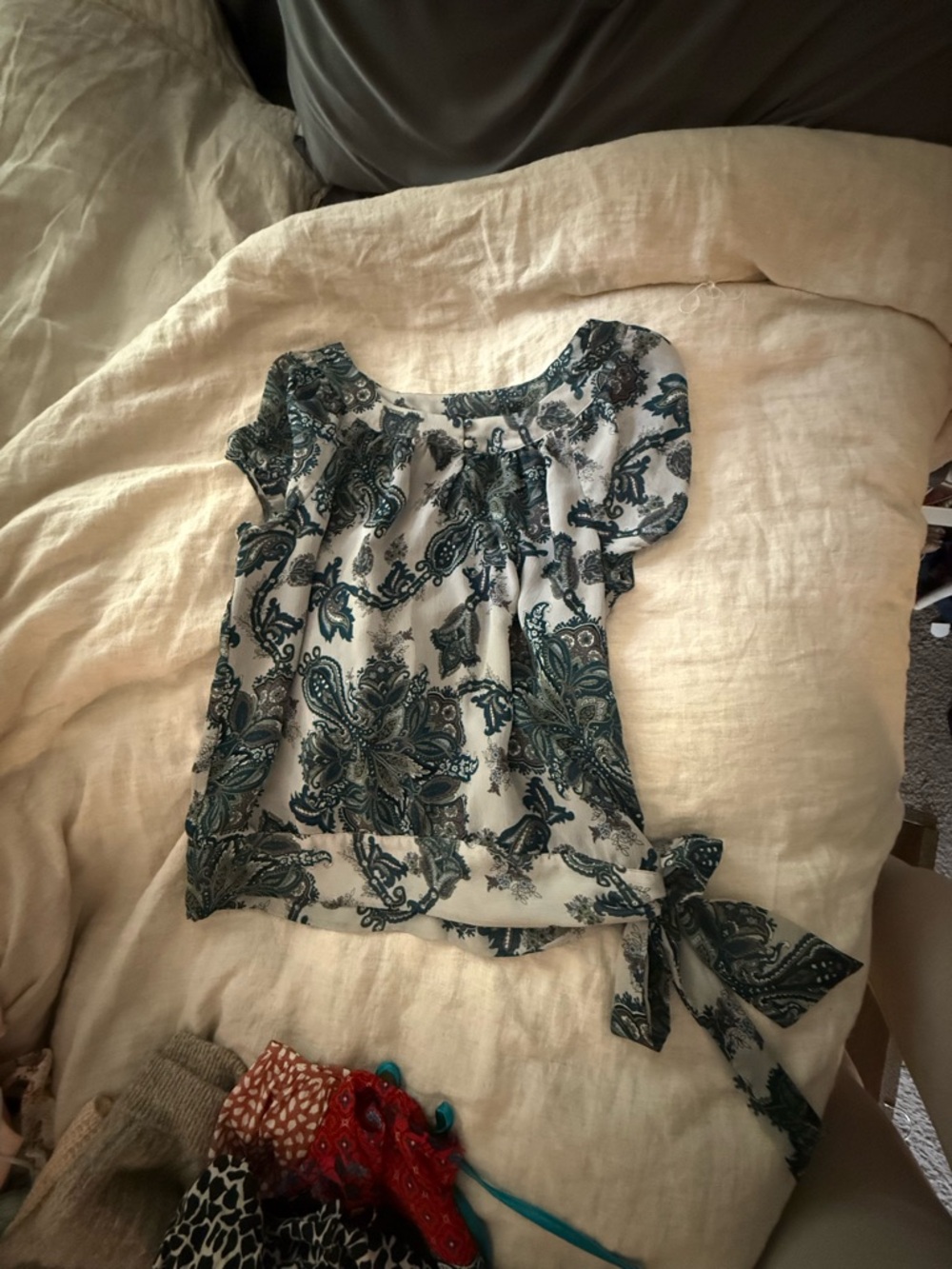 Cato White Top with Teal Paisley Print and Side Tie